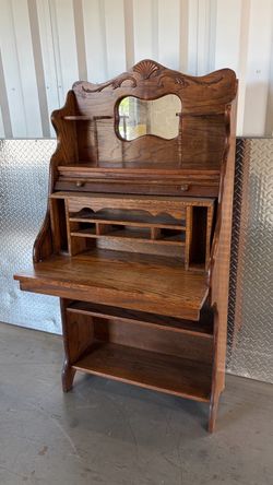 Antique Oak Roll-Top Secretary Desk with Mirror & Bookshelf – 60”H x 31”W