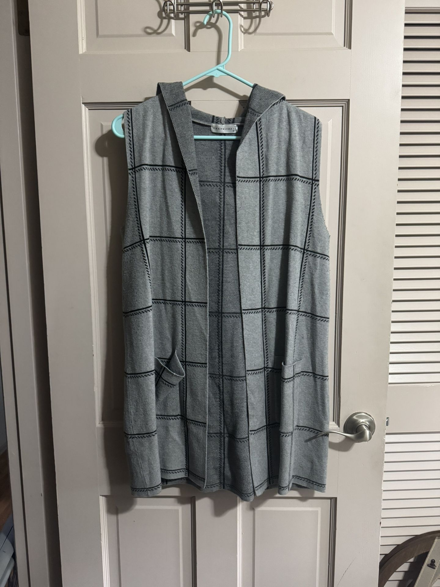 Retrelogy Plaid Open Front Sleeveless Vest Hooded Cardigan Sweater Small