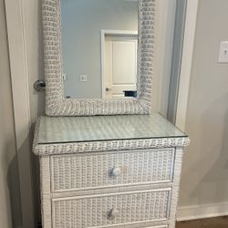 White Wicker Dresser with Mirror & Glass Top – Coastal Cottage Style