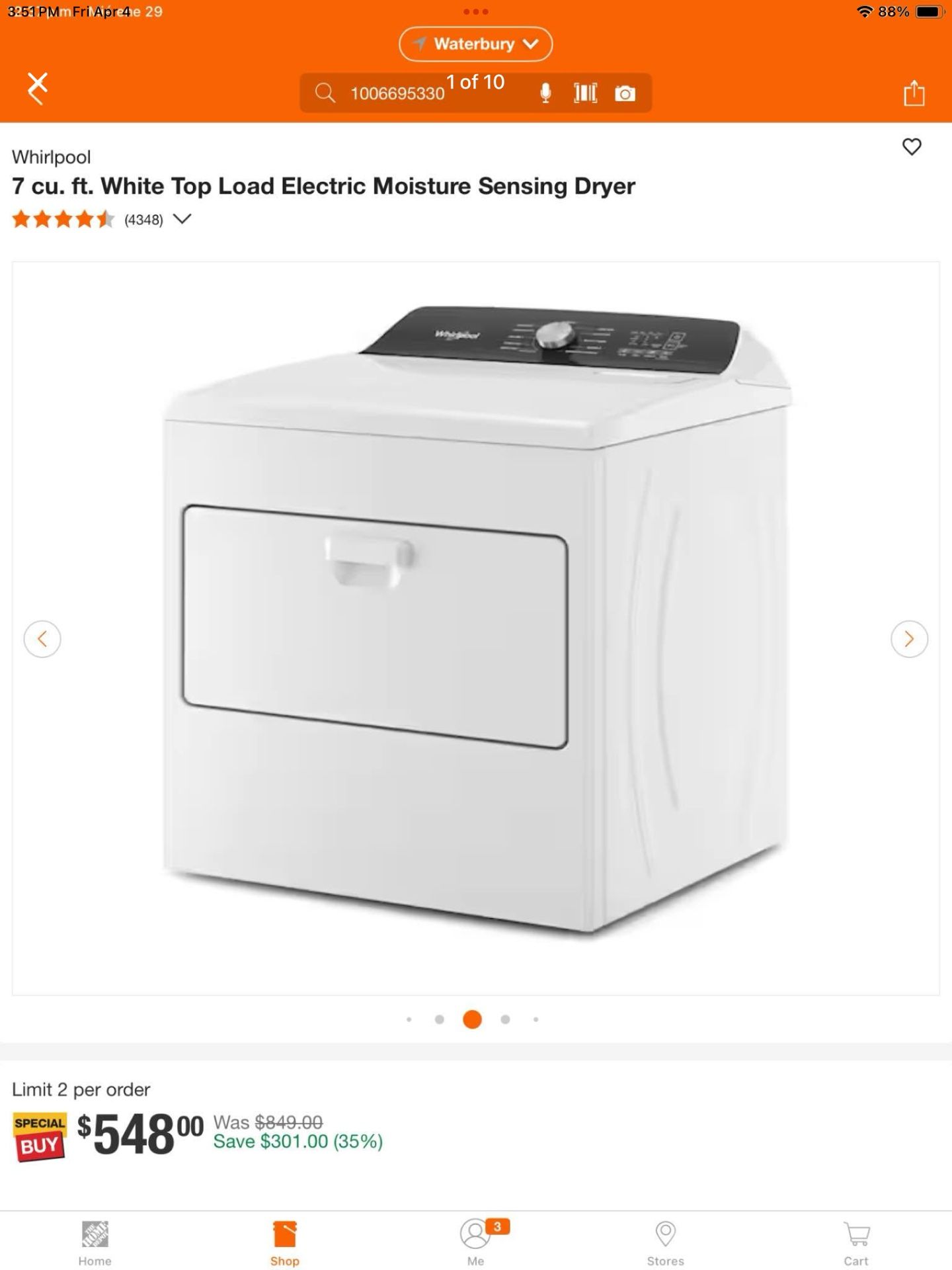 Whirlpool 7 cu. ft. White Top Load Electric Moisture Sensing Dryer