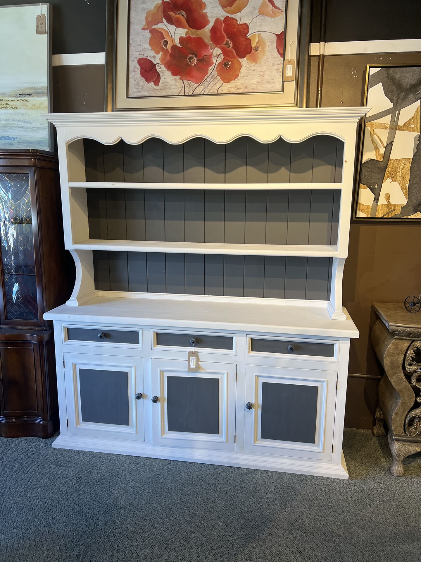 HUTCH: 2-piece white solid pine Hutch w/ dark grey accents SKU PF3WQG