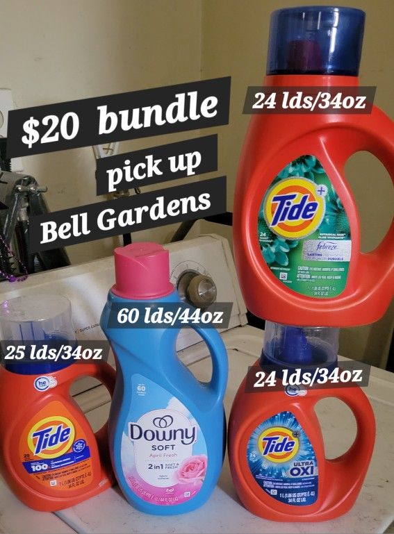 TIDE ULTRA OXI 24 loads/34oz, TIDE FEBREZE 24 loads/34oz, TIDE 25 loads/34oz, & DOWNY ULTRA 60 loads/44oz For $20/$20 x Los 4