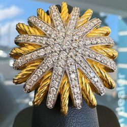 David Yurman 18K yellow gold 1.56CTW Natural Pave Diamond Starburst cocktail Ring sz6