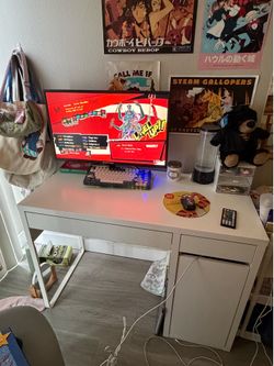 Office chair and desk.