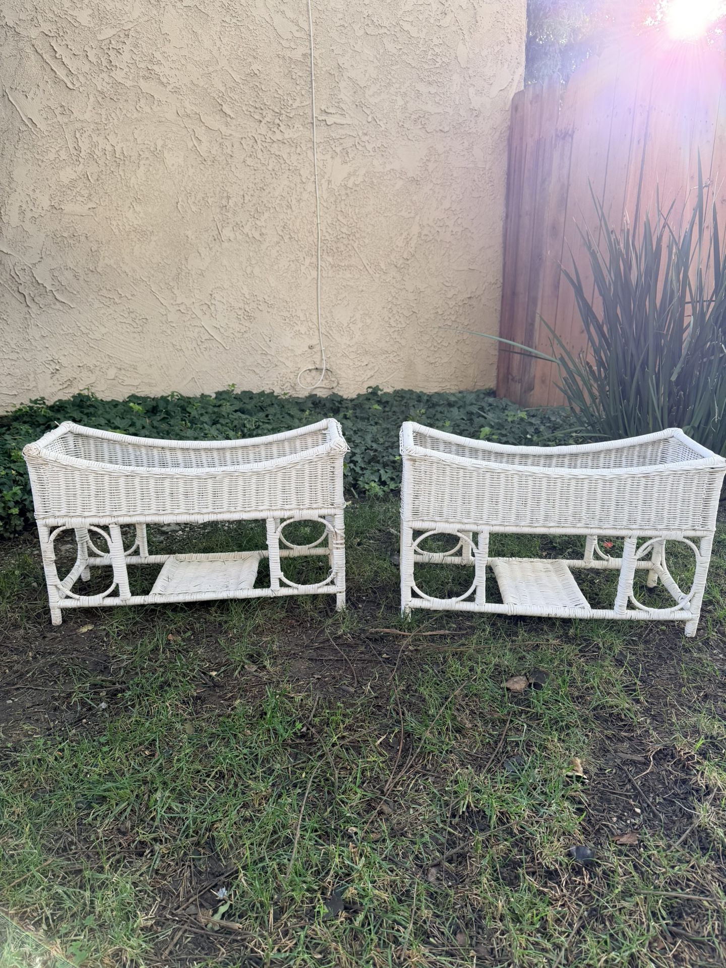 Pair Of vintage white wicker Planters