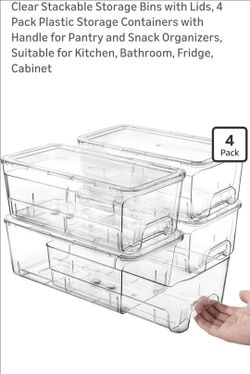 Clear Stackable Storage Bins with Lids, 4
Pack Plastic Storage Containers with
Handle for Pantry and Snack Organizers
Suitable for Kitchen, Bathroom, 