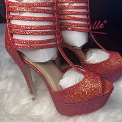 new in box: Anne Michelle Pink Glitter Strappy Heels; y2k, sunburst