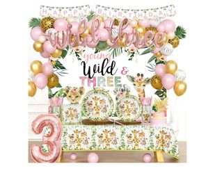 231 PCs Young Wild and Three Decorations Girl, Hombae Jungle Safari Animal Theme 3rd Party Supplies Backdrop Balloon Garland Leaf Banner Tablecloth Ca