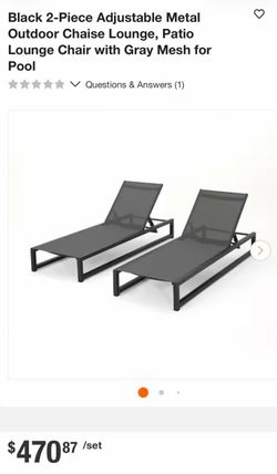Black 2-Piece Adjustable Metal Outdoor Chaise Lounge, Patio Lounge Chair with Gray Mesh for Pool