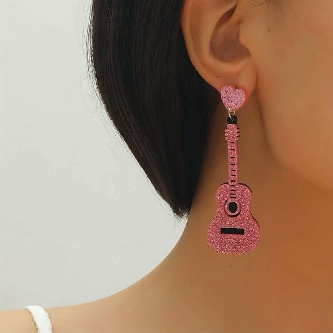 New Pink Glitter Guitar + Heart Drop Earrings