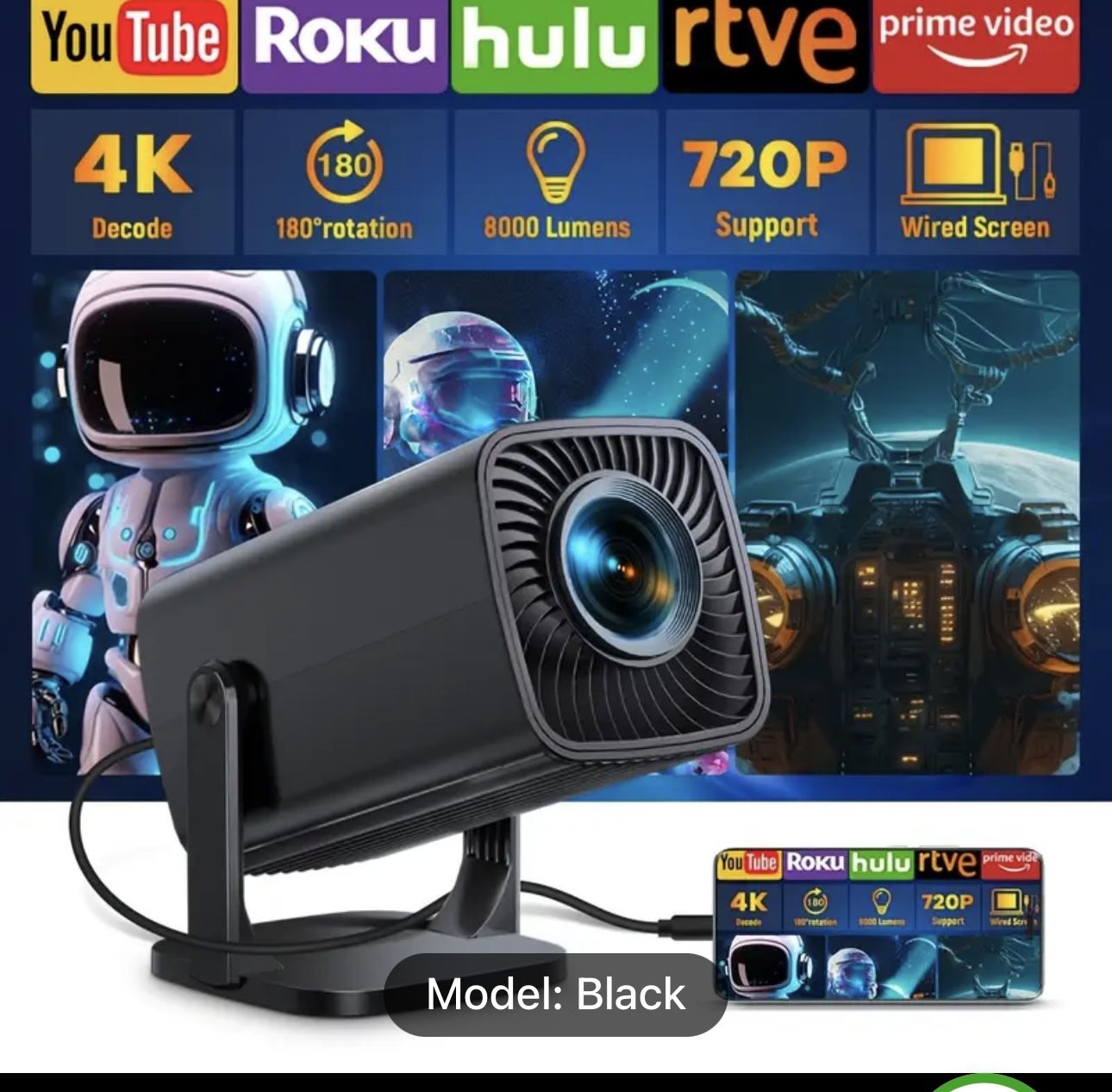 New Mini Smart Home Projector, 720P Support, 150ANSI Portable Projector, 180° Freely Adjustable Angle, Compatible with Smart phone/Tablet/Laptop/USB D