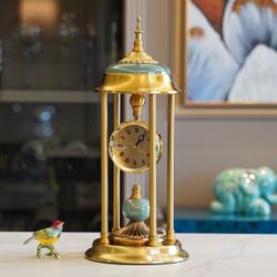European Luxury Decorative Table Clock, Gold Brass with Turquoise Ceramic Dome, Vintage Column Design, Roman Numeral Display 