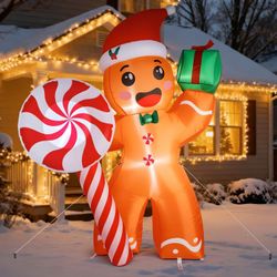 7 FT Christmas Inflatable Gingerbread Man Holding Big Lollipop, Outdoor Christmas Decorations Built-in Bright LED Lights