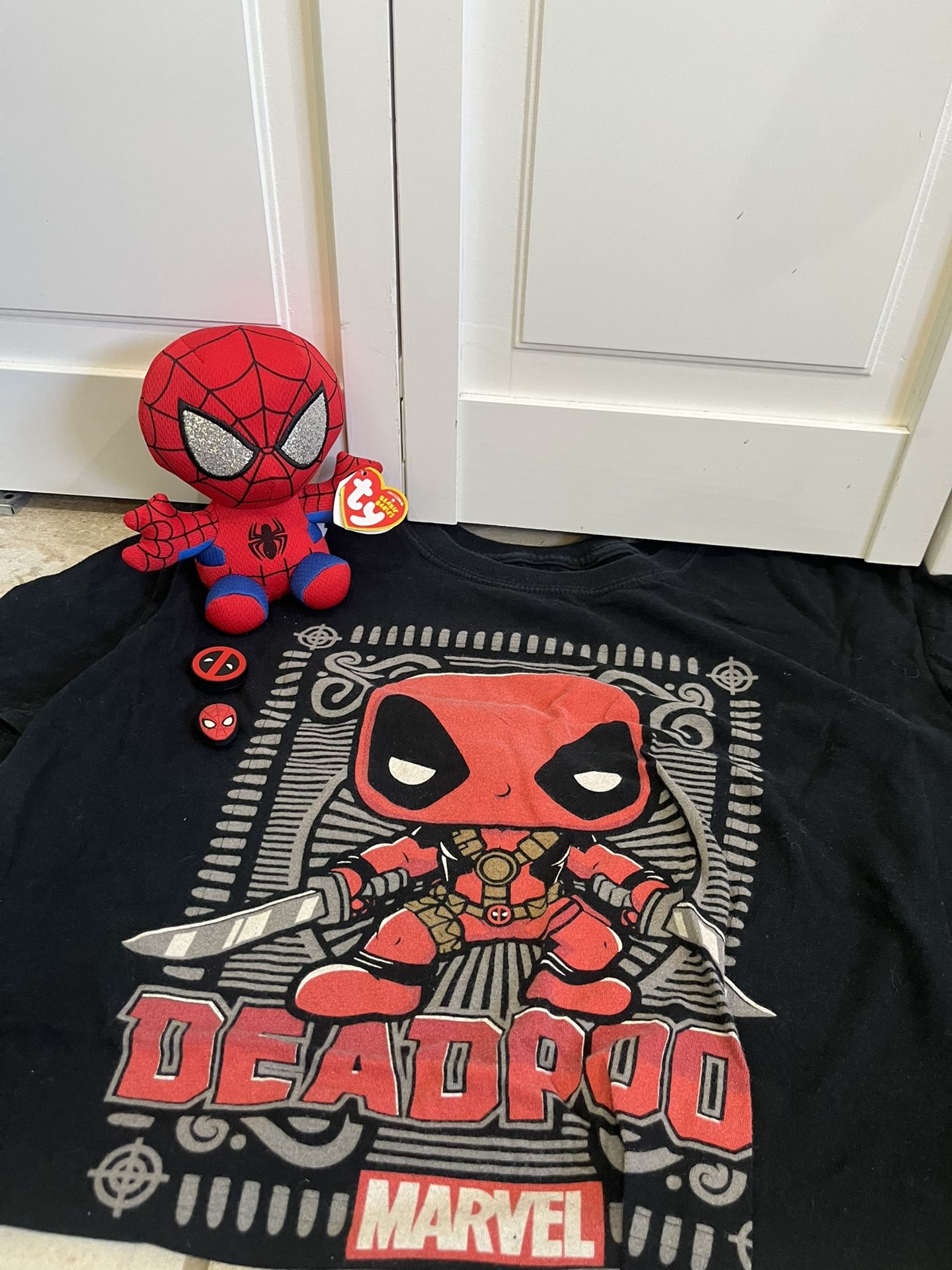 Spiderman Beanie Baby , Deadpool Funk Pop T-shirt, Croc Charms