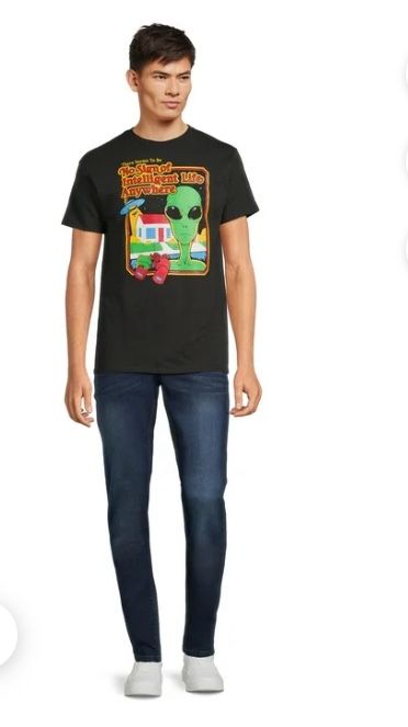 Men’s Alien T-Shirt Black Crew Neck Tee, No Signs of Intelligent Life Anywhere S