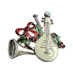 Silver tone enameled Christmas brooch musical instruments vintage