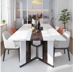 71 inch Large Rectangular Dining Table for 6-8 People, Dining Table with Marble-Color Wood Waterproof Tabletop and Adjustable Leg, 6ft Luxurious Famil