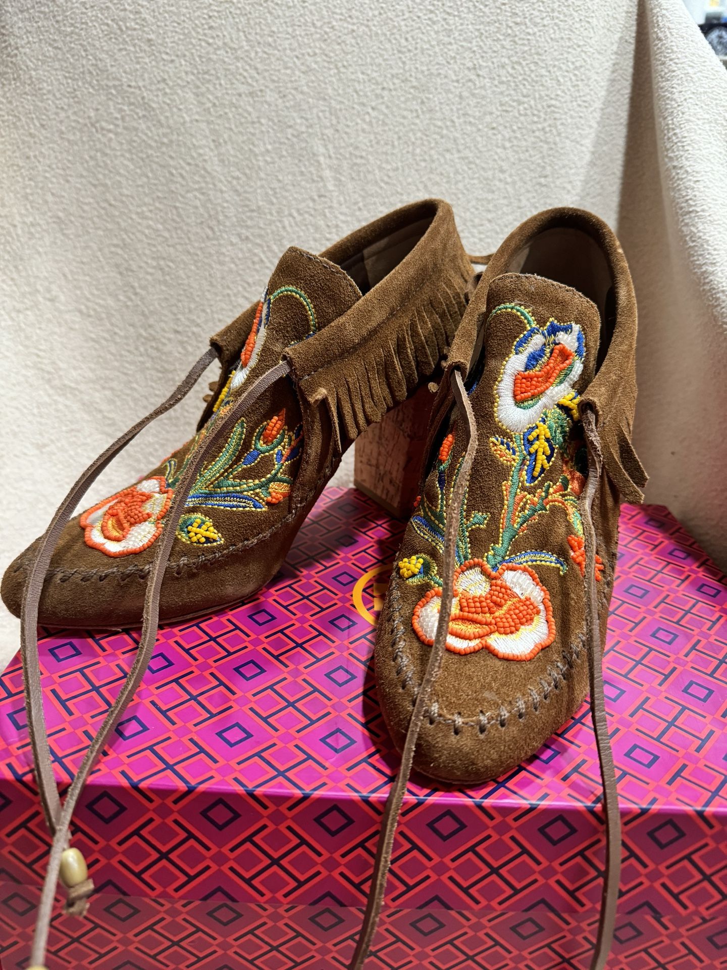 Tory Burch Huntington fringe bootie festival brown embroidery Sz 8M