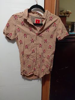 DENIM AND FLOWER SANTA CLAUS Christmas SHORT SLEEVE BUTTON SHIRT,  BROWN 