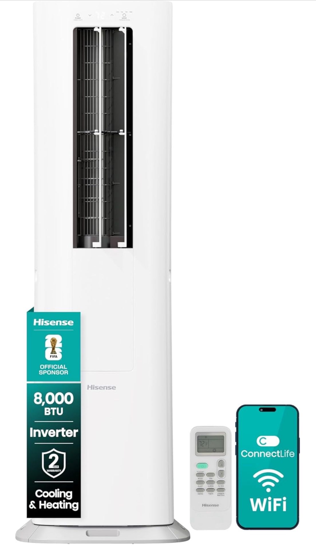 Hisense API0825UW1D Smart Inverter Twin Hose 8,000 BTU (DOE) 350 SF Heat/Cool Tower Portable Air Conditioner, White 