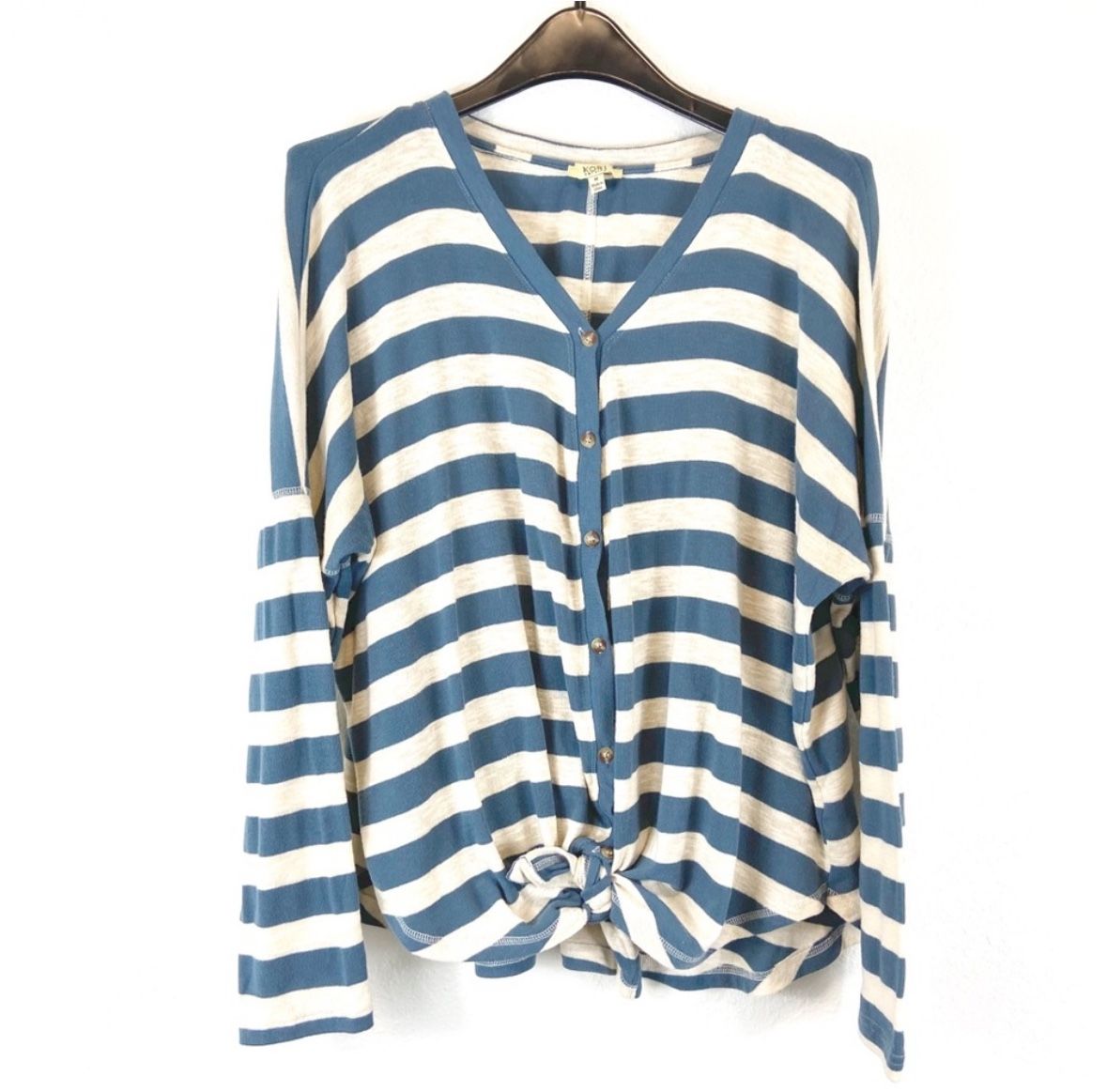 Kori Blue & Cream Stripe Tie Long Sleeve Top M