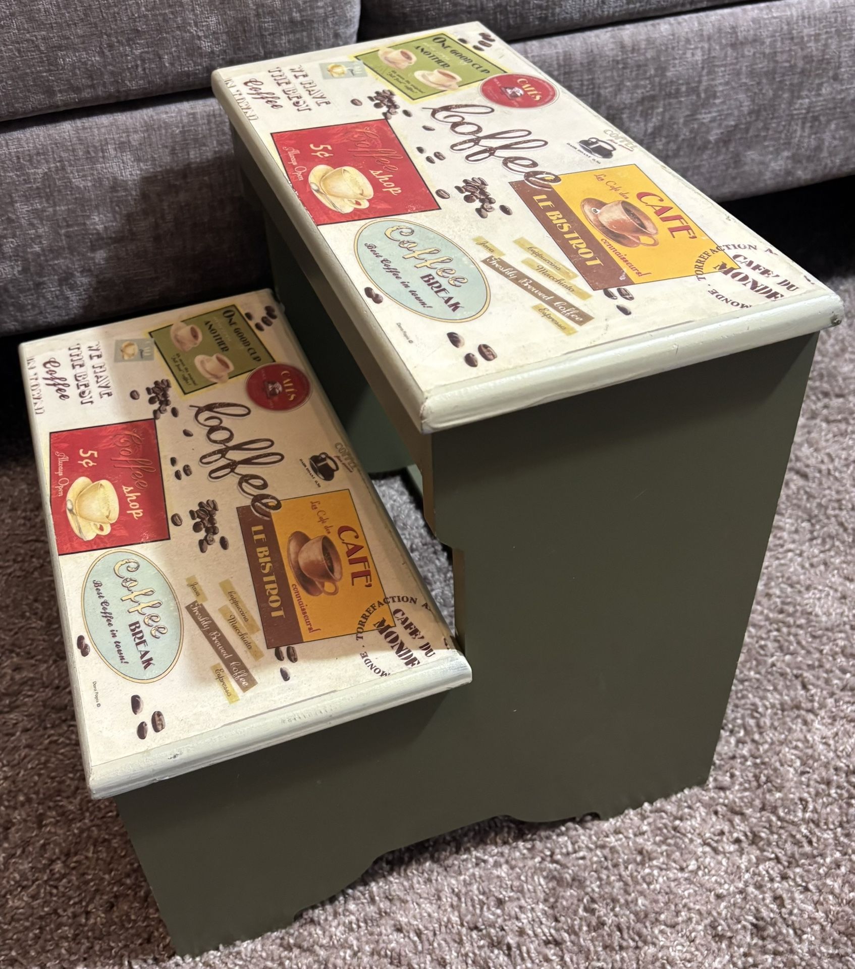 Cute Unique Vintage Style Coffee Theme Green Painted Wood Decorative Step Stool