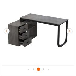  55.1 in. L-Shaped Gray Wood Writing Desk Corner Gaming Desk With 2-Tier Shelves and 3-Drawers Home Office Use  New 