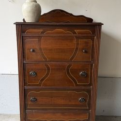 Vintage Inlaid Wood Tall Chest of Drawers