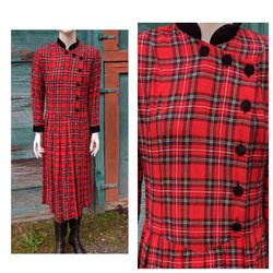 DressVintage Plaid 1980s Dress Mandarin Collar Qipao Style