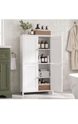 Bathroom Storage Cabinet, Modern Floor Cabinet with Storage, Adjustable Shelves, Freestanding Cabinet for Bthroom, Living Room, Entryway, White