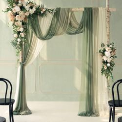 Ling's Moment Wedding Arch Flowers with Sheer Drapes Kit - Artificial Spring Green Rose Floral Arrangements for Ceremony Backdrop, Arbor Decor, 5-Piec