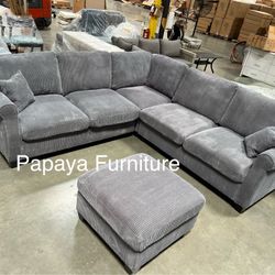 Dark Grey Sectional Sofa And Ottoman, Sectionals, Sofa, Couch, Grey Couch, Grey Sofa, L-Shaped Sofa, Plush Sectional Couch,Living Room Sofa