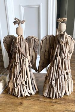 Unique Driftwood Angel Sculptures, 2ft Tall - Set of 2