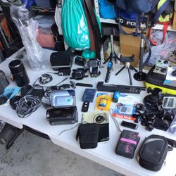 New used VINTAGE ANTIQUE movie VIDEO CAMERAs equipment HD GO PRO Polaroid Sony Nikon Petri Canon Gateway Selfie Button Sticks Tripods 