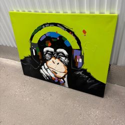 Banksy Monkey Listen to Music Wood frame Canvas Painting Stylish, Bedroom ,Office ,Bar Restaurant Decor 45” x 35” $50