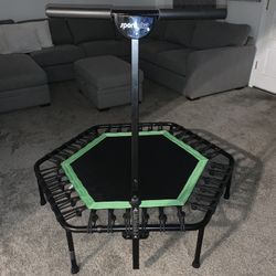 sportplus+ Indoor Trampoline, Blue/Green/Red, Rebounder Home Fitness Trampoline with Height Adjustable Bar