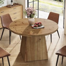 YY0010 Solid Wood Round Dining Table for 4, Small Circle Kitchen Table with Thickened Top & Sturdy Pedestal Base for Dining Room, Living Room, Kitchen