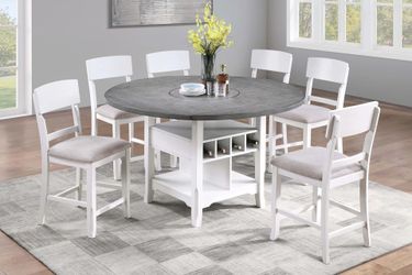 Brand new antique white 60"×36"H round counter high dining set