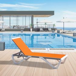 Domi Pool Lounge Chair Aluminum Adjustable Outdoor Chaise Lounge,All Weather Plastic Poolside Lounge Chair for Deck Lawn Backyard, Orange Textilene