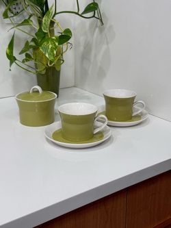 Vinatge Mid Century Modern Green Avocado set of 2 Cups and Sugar Container