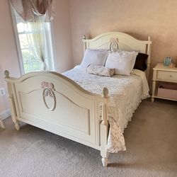 Girls French-Inspired 4-Piece Bedroom Set – Queen Bed, Dresser with Mirror, Nightstand, Tall Chest