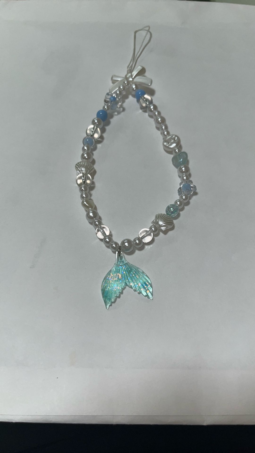 Handmade Blue Mermaid Tail Phone Charm – Pearl & Acrylic Beads – Ocean Aesthetic – New
