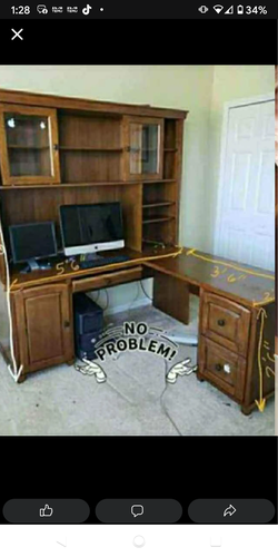Solid wood L-shaped office desk with storage hutch