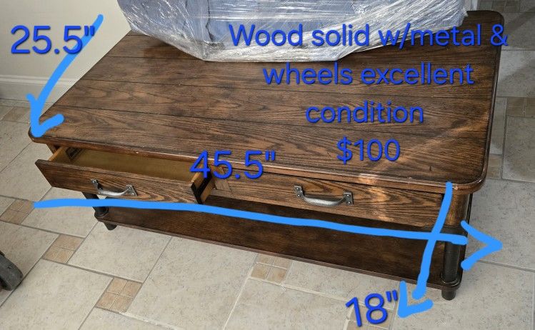 Coffee Table Wood Solid W/metal & Wheels