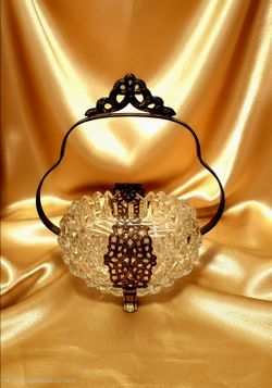 Antique Vintage ~ Ornate Cut Glass Trinket Bowl w/Metal Handle ~ 5"