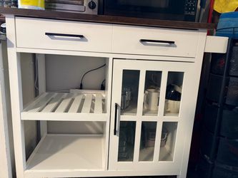 White Kitchen Cart with Glass Door Cabinet