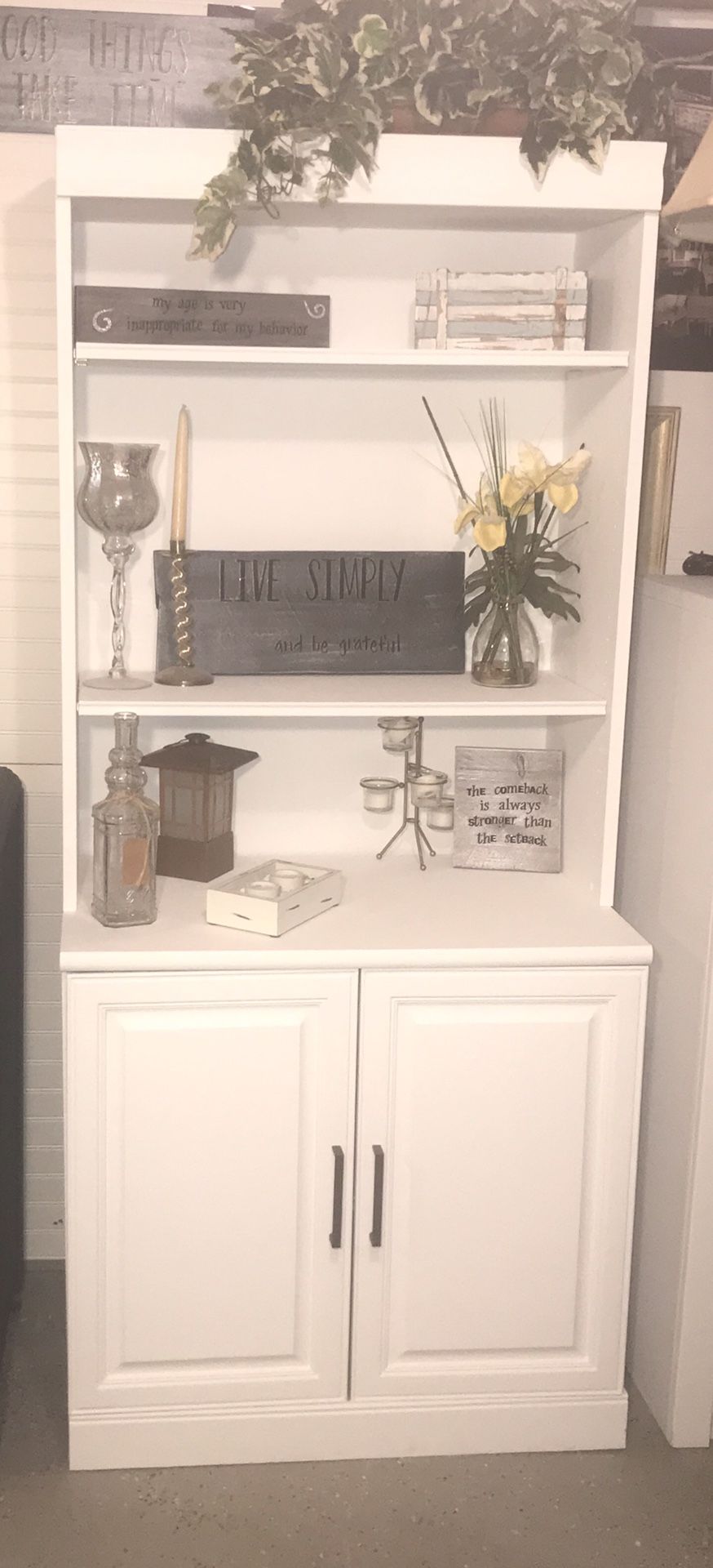 Small white dining room or kitchen hutch w cabinet. White chalk painted