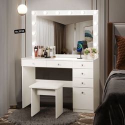 43" Makeup Vanity with Lights - Vanity Desk with Power Outlet, 5 Drawers and 1 Cabinet, 3 Color Lighting Modes with Adjustable Brightness, White