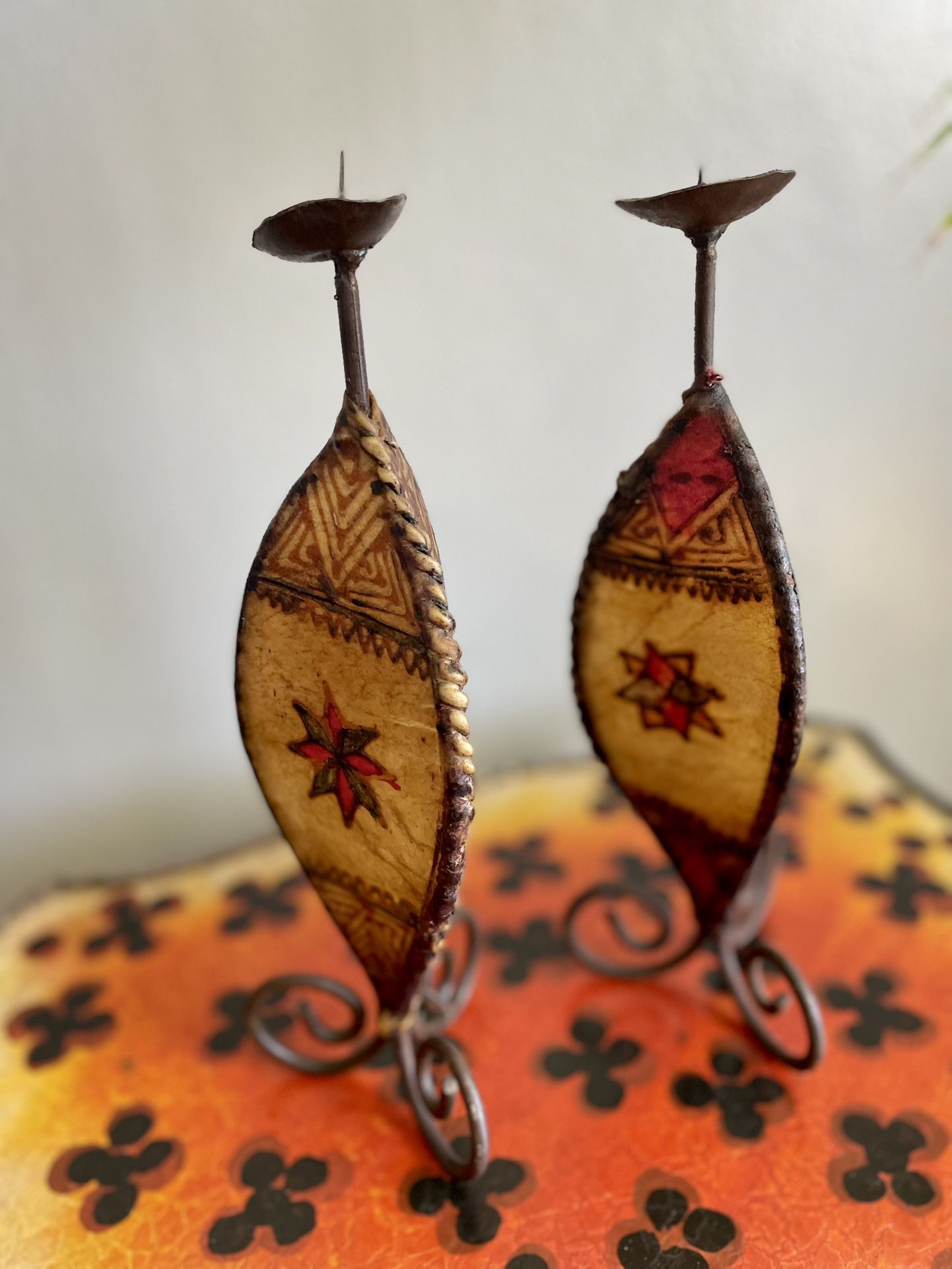Pair of Unique Authentic Vintage Handmade Moroccan Henna Candle Holders