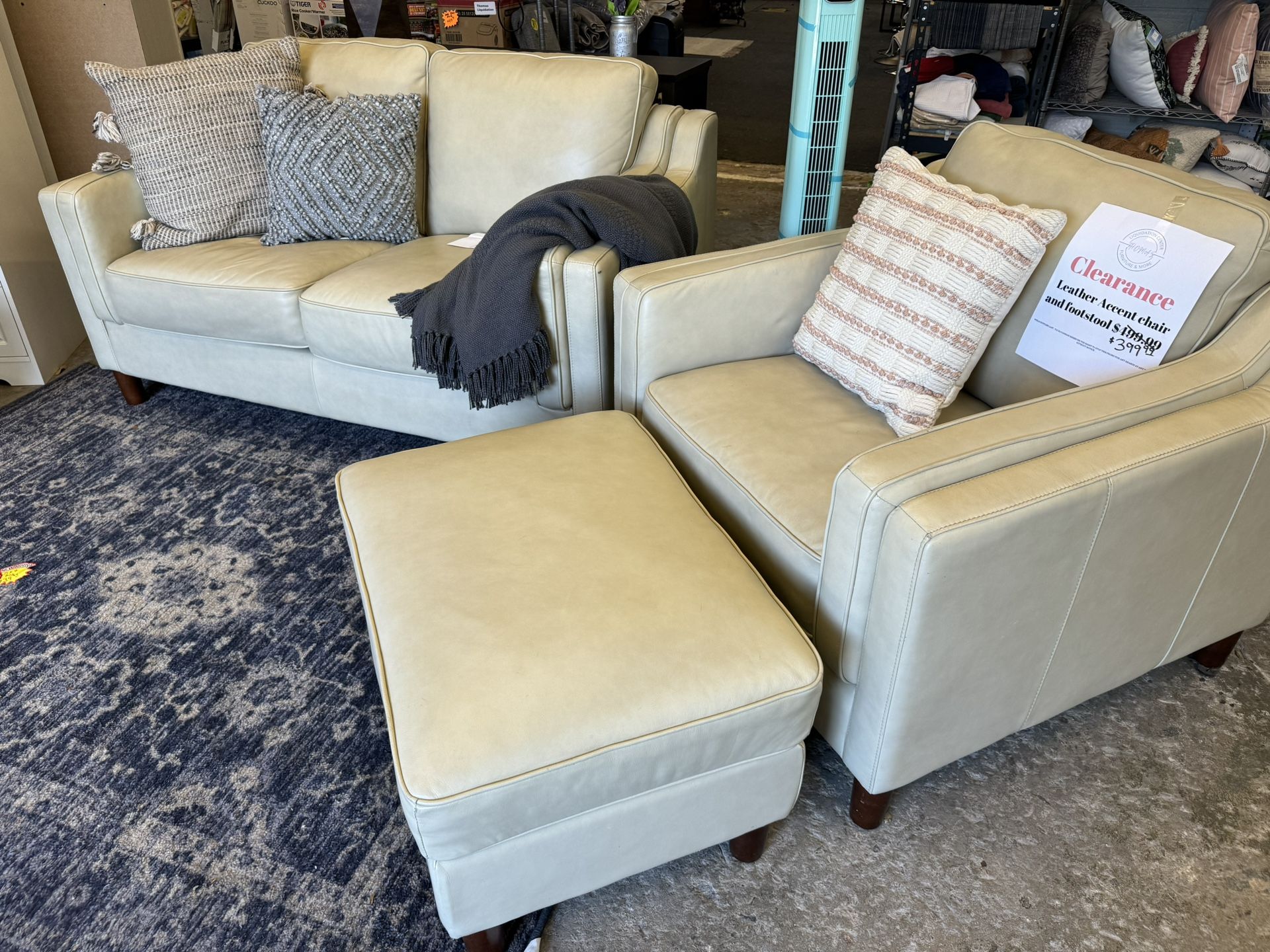 Loveseat Armchair And Ottoman Top Grain Leather Light Cream $900 For The Set
